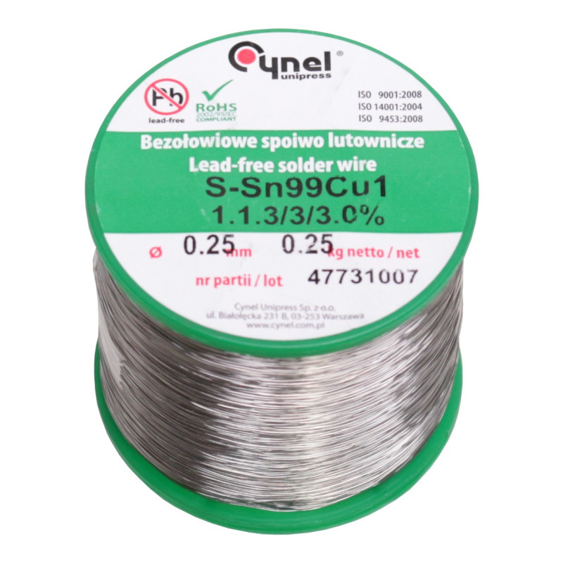 Cyna-spoiwo SN99C 0.25/0.25 Sn99,3Cu0,7 0.25mm/0.25kg Cynel Cyna-spoiwo SN99C 0.25/0.25 Sn99,3Cu0,7 0.25mm/0.25kg Cynel