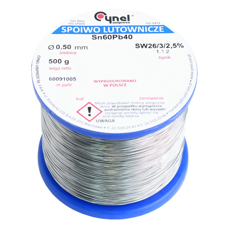 Cyna-spoiwo LC60 0.50/0.5 Sn60Pb40 0.5mm/0,5kg Cynel Cyna-spoiwo LC60 0.50/0.5 Sn60Pb40 0.5mm/0,5kg Cynel